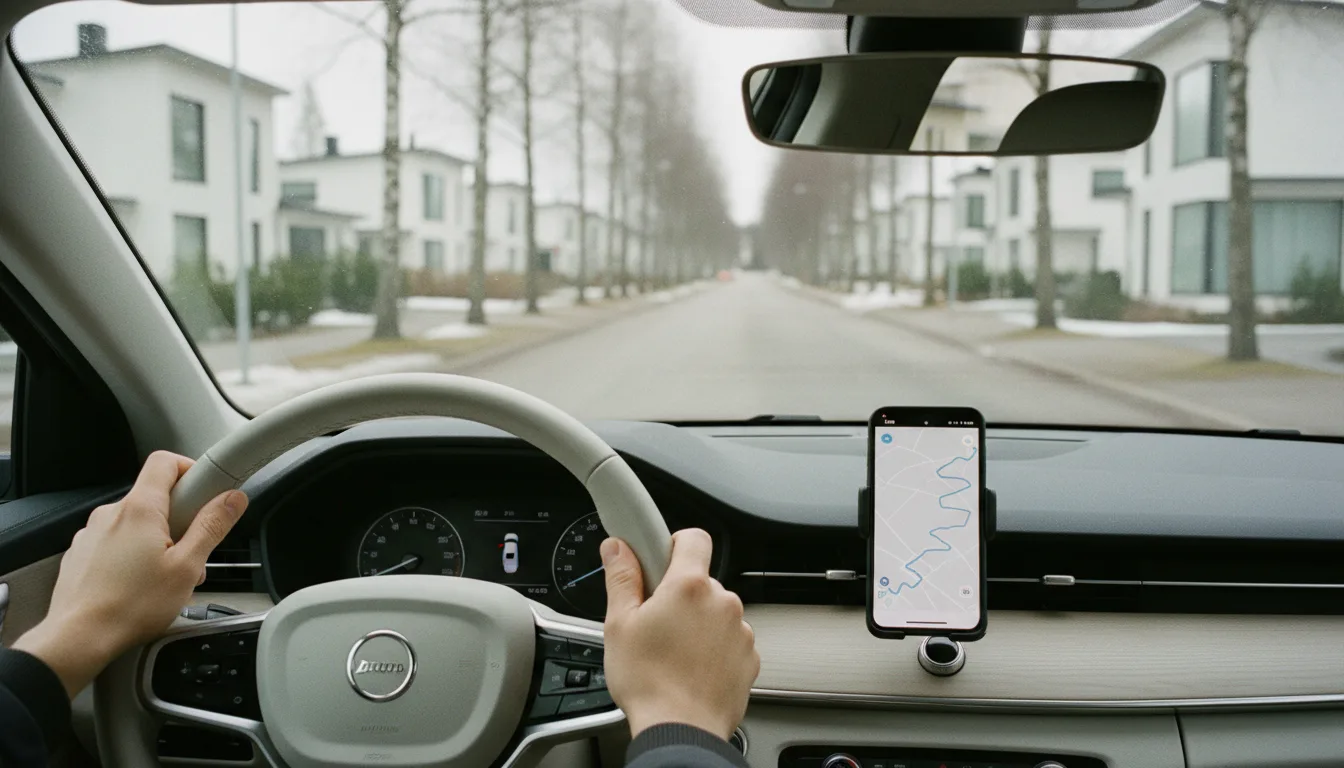 Kuljettaja ajaa autoa, puhelin kojelaudan telineessä tallentaa ajopäiväkirjaa