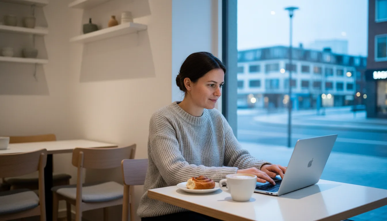 Freelancer työskentelee kannettavalla kahvilan ikkunapöydässä