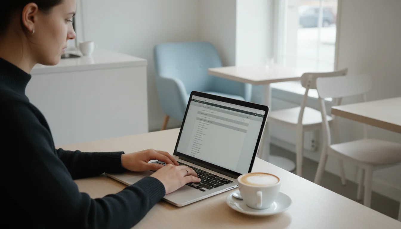 Freelancer kirjoittaa laskua kannettavalla vaalean kahvilan ikkunapöydässä