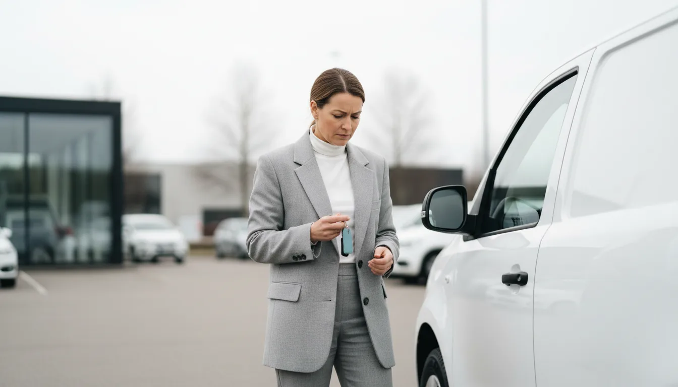Yrittäjä seisoo uuden valkoisen pakettiauton vieressä avaimet kädessä, laina vai leasing