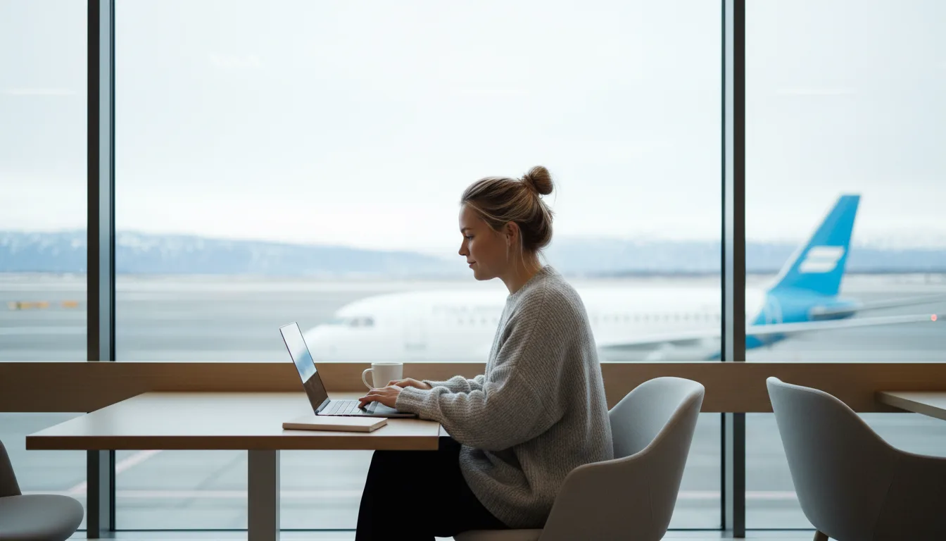 Freelancer työskentelee kannettavalla lentokentän portilla, laskutus ulkomaille