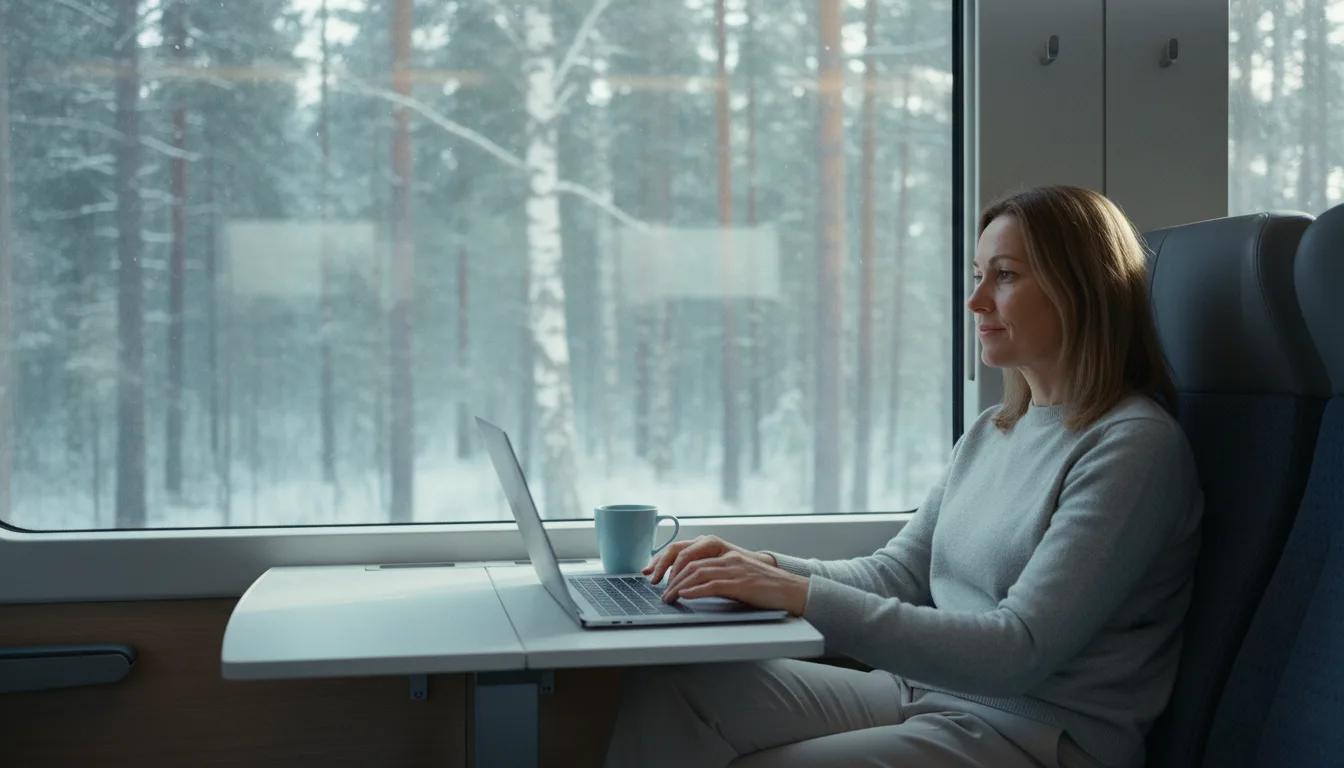 Työmatkalainen työskentelee kannettavalla junassa talvimaiseman ohi kiitäessä, matkalasku