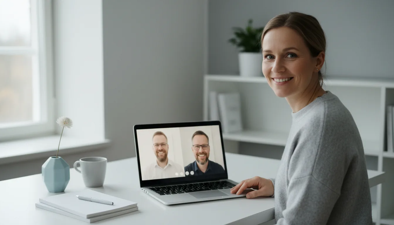 Yrittäjä videopuhelussa kirjanpitäjänsä kanssa kotitoimistossa, tilitoimisto verkossa