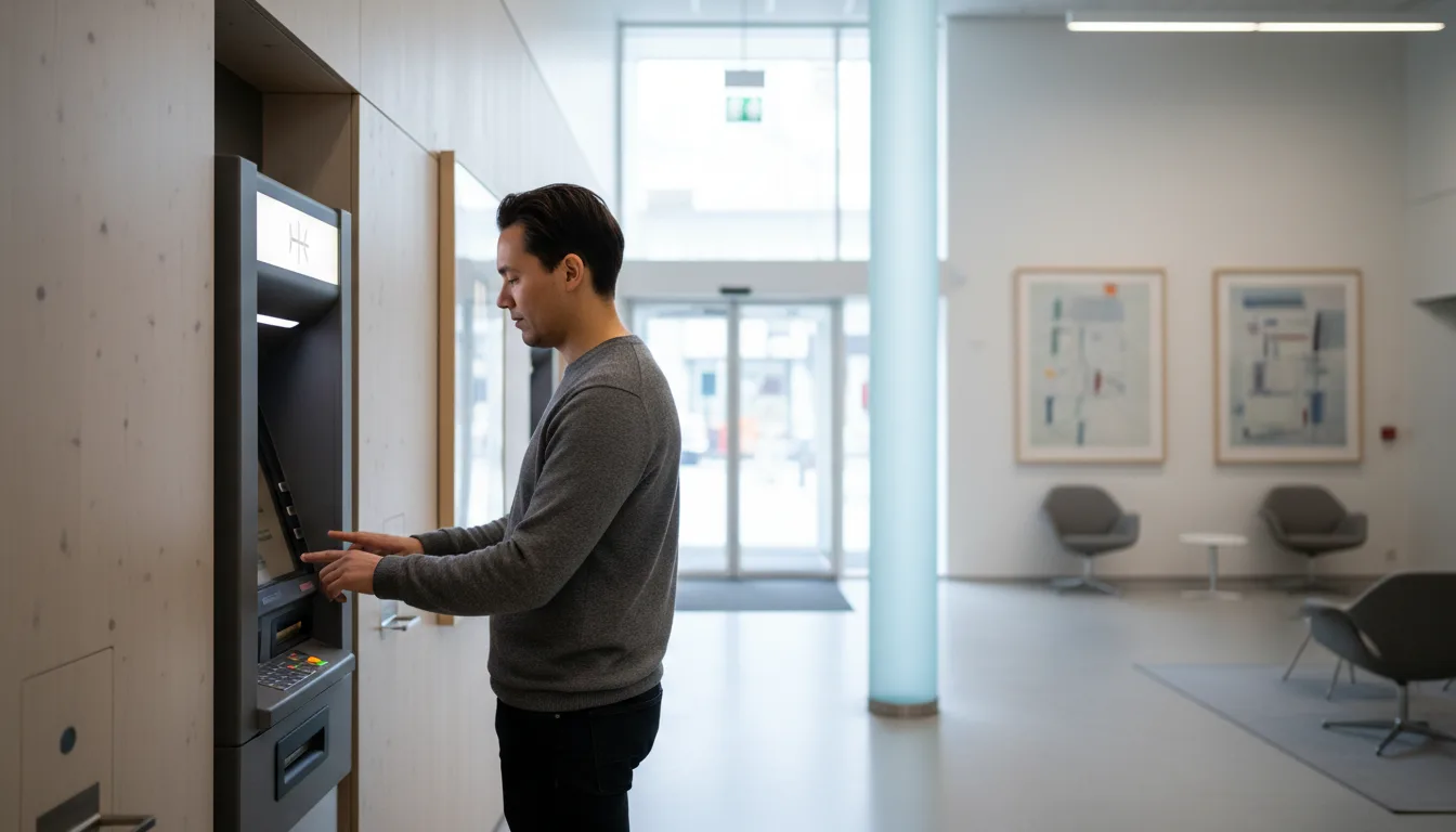 Yrittäjä nostaa käteistä pankkiautomaatilta valoisassa aulassa, toiminimen yksityisotto