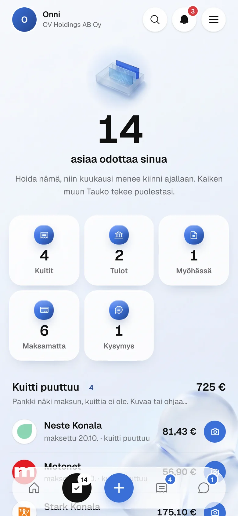 Odottaa-näkymä, jossa puuttuvat kuitit